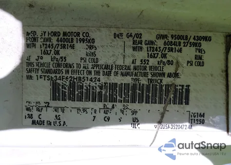 2002 Ford E-350 Super Duty Commercial/Recreational z USA, uszkodzony, nr VIN 1FTSE34F62HB51424